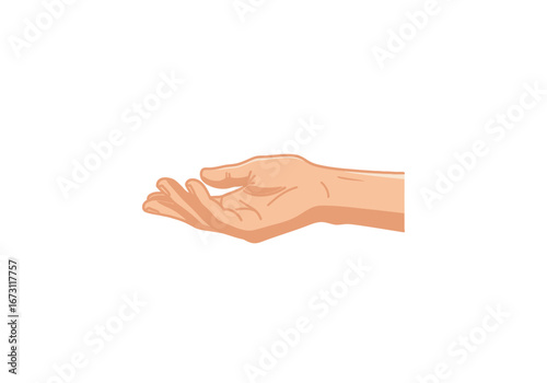 Open human hand reaching upwards for an offering. It is suitable for charity, donation, support, and assistance concepts.