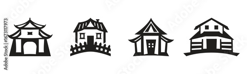 Elegant chinese house vector silhouette illustration set