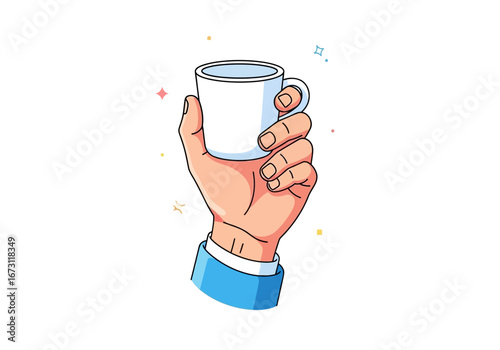 Hand holds up a white mug against a white background. Perfect for showcasing coffee products or for lifestyle and home decor graphics.
