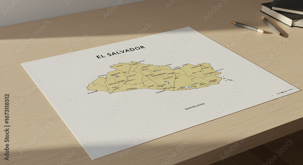 Obraz premium A map of El Salvador displayed on a desk, featuring geographical details and labels.