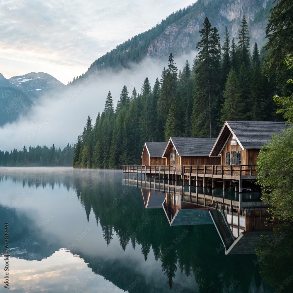 Obraz premium Lake cabins reflection mountain forest landscape scenic travel destination view calm