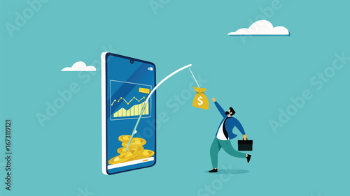 phone scam with fraud investment offers, social media crime with theft of personal data, happy man who is tempted by fake investment offers that are detrimental and threaten personal data
