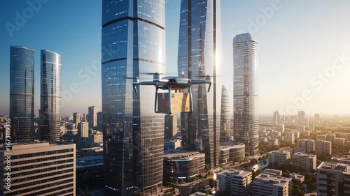 Drone Delivering a Package in a Modern City
