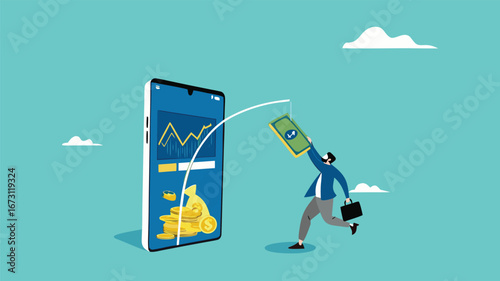 phone scam with fraud investment offers, social media crime with theft of personal data, happy man who is tempted by fake investment offers that are detrimental and threaten personal data
