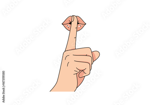 Hand making shushing gesture ideal for promoting silence, secrets, confidentiality or quietness in various designs, social media, or presentations.