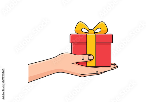Gift box with a yellow bow held by a hand. Suitable for holidays, birthdays, celebrations, presents, surprises, special occasions.