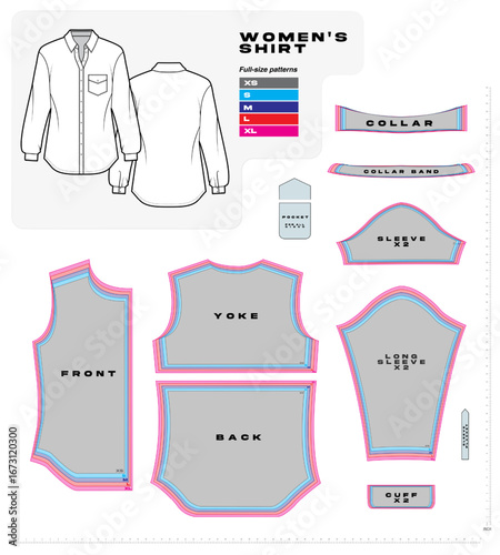 Vector sewing pattern for women’s shirt, showing full-size templates from XS to XL. Includes collar, cuffs, sleeves, pocket and yoke pieces, ideal for fashion design, tailoring and garment creation