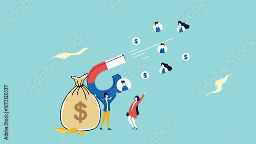 Customer acquisition cost or CAC, marketing expense on customer retention, advertising cost for lead generation, businessman uses magnets with dollar costs to attract customers
