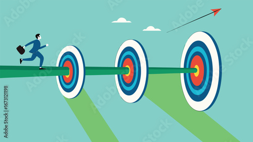 step to reach success or achievement, Short term, mid-term and long term goals, stages to achieve greater success, businessman running to short, medium and long term success target
