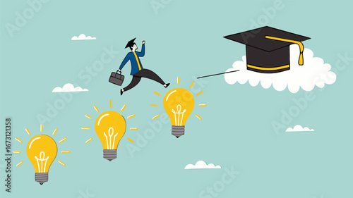 success step to achieve high education with knowledge, way to achieve higher education, journey to graduation, man jump through the light bulb idea towards graduation cap concept vector illustration
