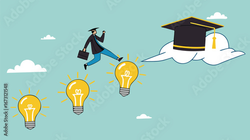 success step to achieve high education with knowledge, way to achieve higher education, journey to graduation, man jump through the light bulb idea towards graduation cap concept vector illustration
