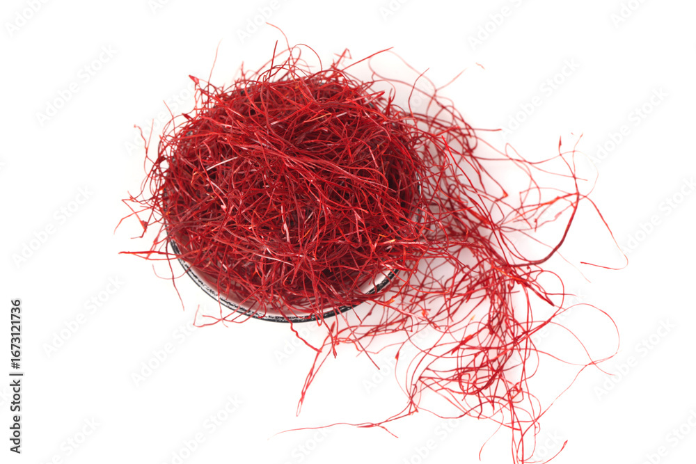 Naklejka premium Dried Red Chili Pepper Threads Fine Shreds Spice Seasoning on White Background