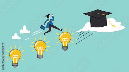 success step to achieve high education with knowledge, way to achieve higher education, journey to graduation, man jump through the light bulb idea towards graduation cap concept vector illustration
