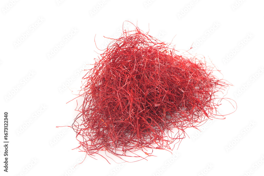 Naklejka premium Dried Red Chili Pepper Shreds Fine Strands Spice Ingredient White Background