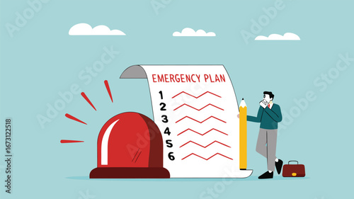 business emergency action plan with businessman holding pencil standing next to siren and emergency plan list paper, emergency action plan, emergency action plan when business disaster occurs
