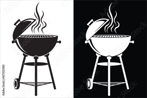 Stylized Barbecue Grill with Rising Smoke in Black and White Illustration