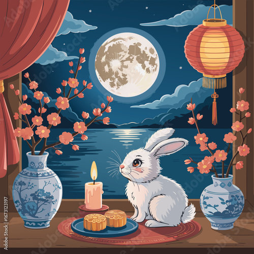 Charming mid autumn festival scene with a rabbit and a full moon