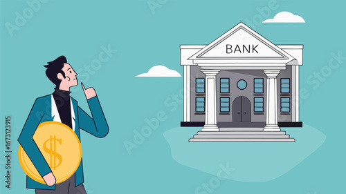 deposit money in a bank vector illustration, object financial investment, cash deposit to the bank, profit in crease concept, businessman bring golden coin into bank building concept illustration
