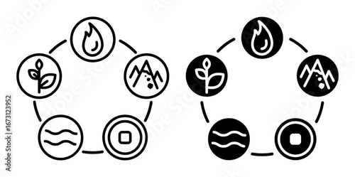 Linear icon. Traditional natural elements of the Chinese elements looped in the cycle of life. Simple black and white vector isolated on white background
