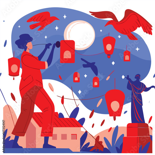 Person watching lanterns and birds under a large moon