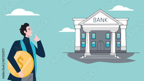 deposit money in a bank vector illustration, object financial investment, cash deposit to the bank, profit in crease concept, businessman bring golden coin into bank building concept illustration
