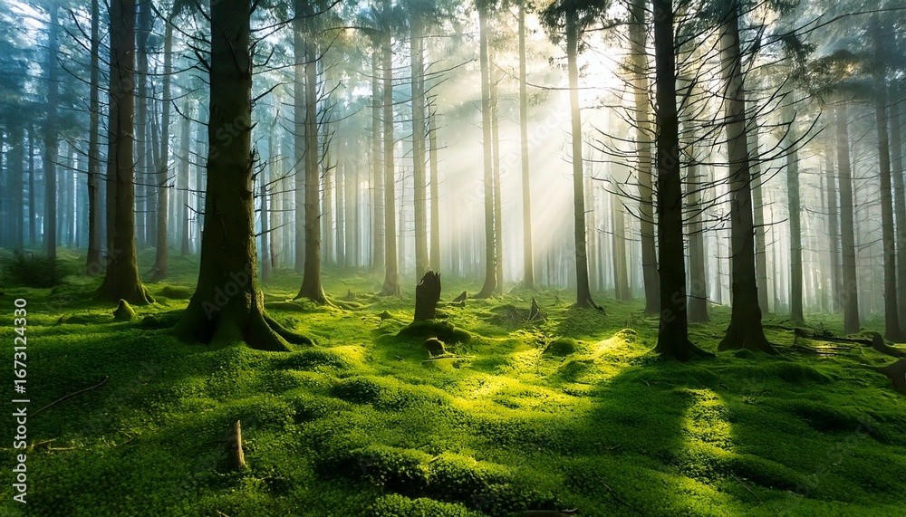 Fototapeta premium Mystical Sunrise Forest with Soft Green Moss Ground