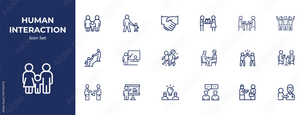 Naklejka premium Collection of modern icons representing various aspects of human interaction and communication