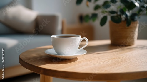 Wallpaper Mural Cozy minimalist wooden coffee table with plant and daylight shadows Torontodigital.ca