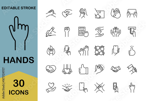Hands line icon set – Includes gesture, handshake, writing and pointing. Editable stroke. Vector illustration.