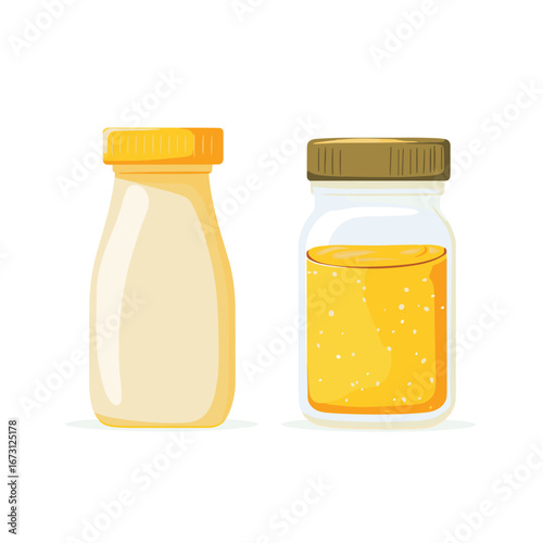 flat vector of mayonnaise bottle and mustard jar side by side, clean condiment illustration