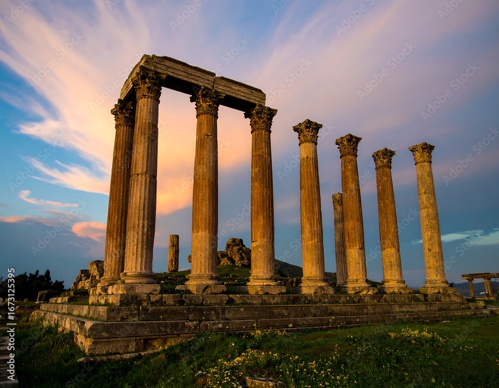 Fototapeta premium Ancient ruins bathed in golden sunset light