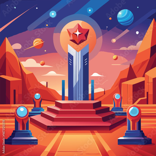 Sci fi monument in alien landscape with multiple planets and stars