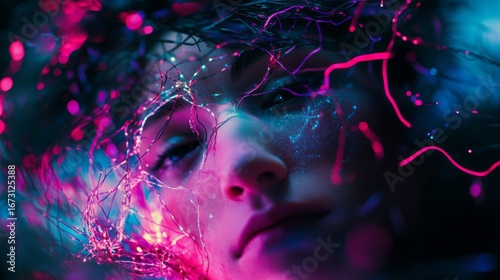 A vibrant portrait capturing a blend of human emotion and digital elements. This artwork invites contemplation of technology and connectivity. Generative AI