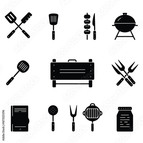 Barbecue Tools and Equipment Black Silhouette Illustration Isolated on White Background BBQ Grilling Essentials for Outdoor Cooking