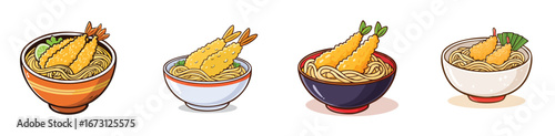 Tempura Udon vector illustration set featuring detailed, colorful design elements.