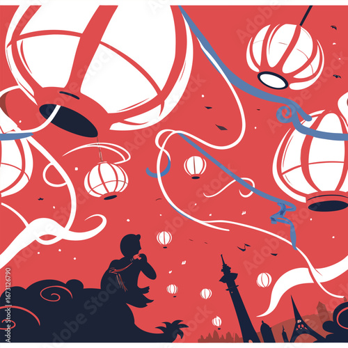 Silhouette of a person gazing at a vibrant sky filled with illuminated lanterns