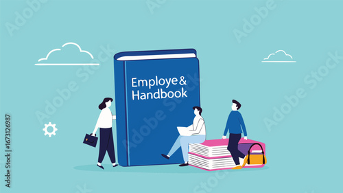 employee handbook, procedure book or company rules, company introduction guidebook for new employees, business manual to success, male and female employees read and understand the employee handbook
