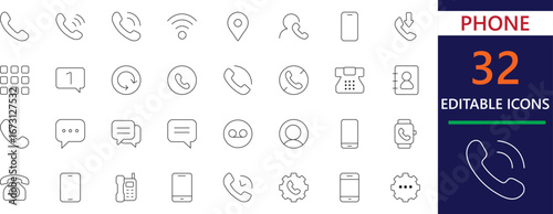 Modern line icons of phone, calls, messages, and contacts for communication design. Perfect for apps,  infographics, and digital projects.