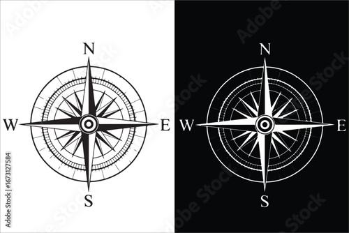 Schilderij op canvas Contrasting Compass Roses in Black and White for Navigation and Direction