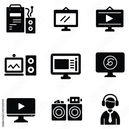 Collection of Electronic Devices Audio Visual and Communication Equipment Icons for Modern Technology and Entertainment Design