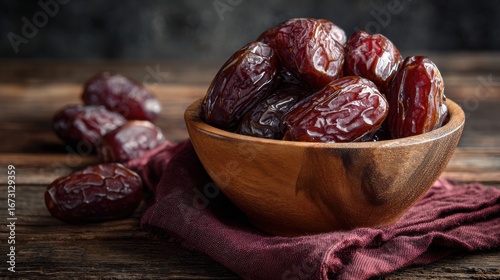 Stunning photo of copy space, Delicious medjool dates in a bowl on a wooden table, closeup view. Cloth napkin with date fruits. Traditional Arabic healthy food for breaking the.