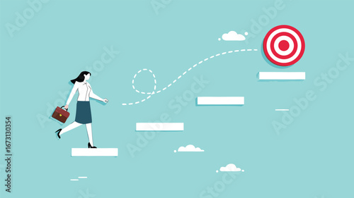 progress toward success or career success, journey to achieve target or business goal, personal development goal for work, way to achieve goal, businesswoman climbs the stairs towards her life's goals