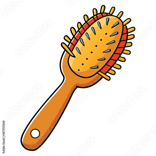 Cartoon illustration of a colorful oval hairbrush with orange handle and yellow bristles hair care grooming