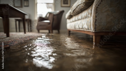 Stunning photo of close-up of a flooded living room floor from a water leak, highlighting the damage to furniture and flooring.