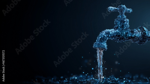 Water faucet with flowing water in digital style on dark background  
