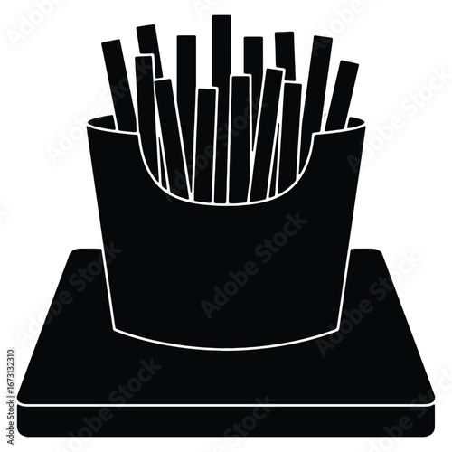 Monochrome vector illustration of french fries in a classic container symbolizing fast food snack and delicious indulgence on a plain square plate