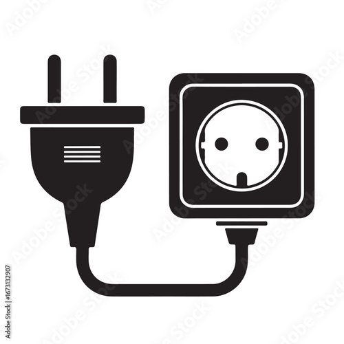 Black Silhouette Icon of an Electric Plug Connected to a Wall Outlet