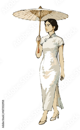 Elegant lady with parasol in rain