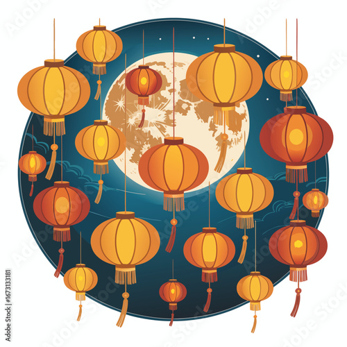 Vibrant chinese lanterns glowing under a luminous full moon