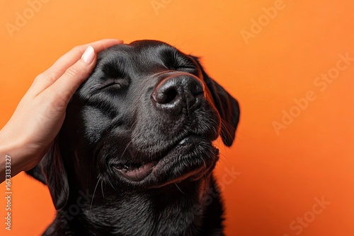 happy dog being gently patted on the head against a simple, flat orange background. This image represents warmth, affection, and the unconditional bond between pets their owners, Generative AI